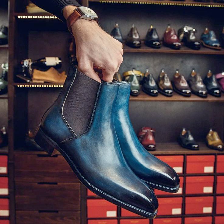 knee length dresses for ladies Men’s Midnight Blue Caiman Horn-Back Leather Boots 10 main image 0