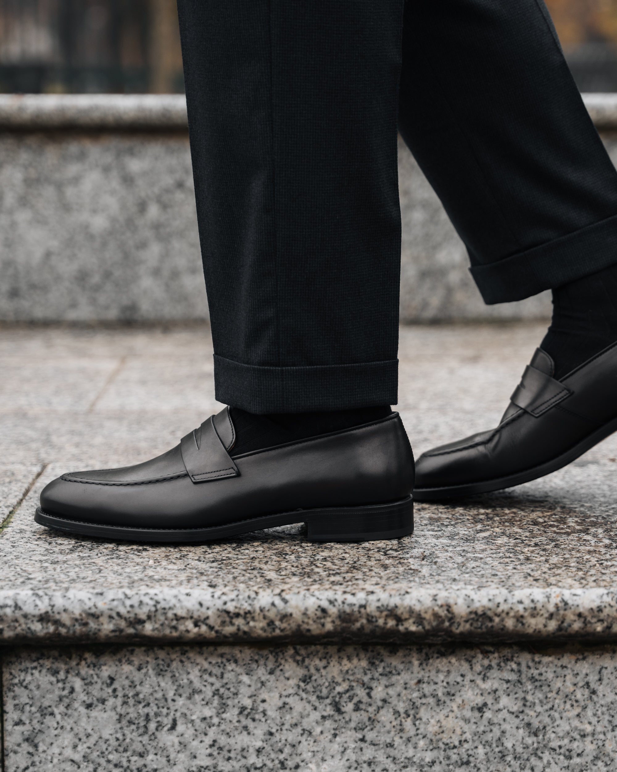 Strider | Penny Loafer – Black Leather with Leather Sole & Blake-Rapid Construction