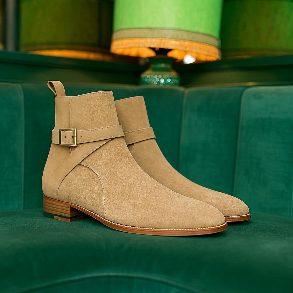 Alon Jodhpur Boots Beige Suede Leather – Handmade Luxury Buckle Ankle Boots with Wooden Sole