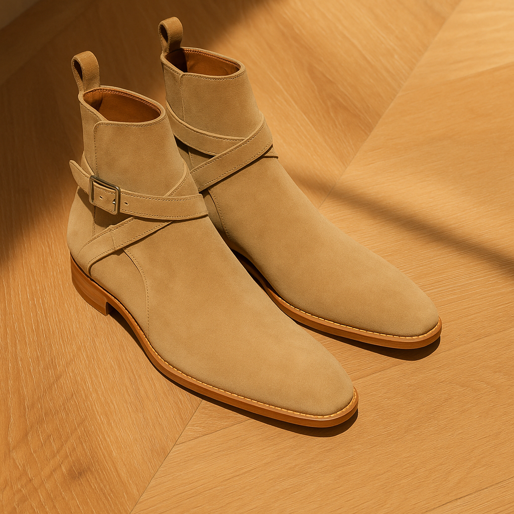 Alon Jodhpur Boots Beige Suede Leather – Handmade Luxury Buckle Ankle Boots with Wooden Sole