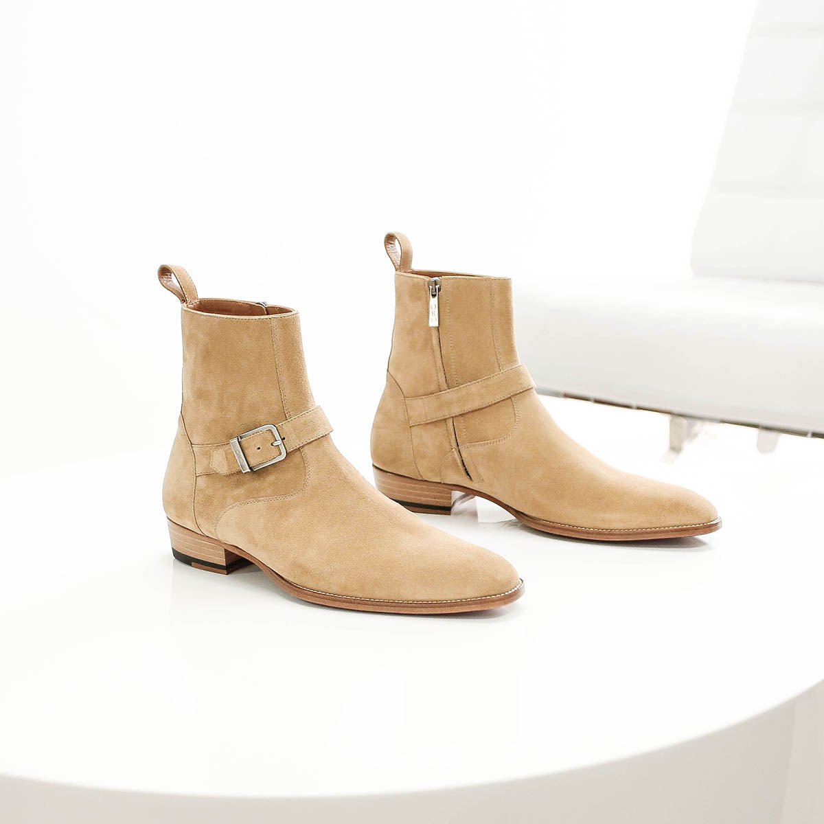 DesertClassic Beige Suede Leather Jodhpur Boots – Handmade Luxury Buckle Ankle Boots with Side Zipper