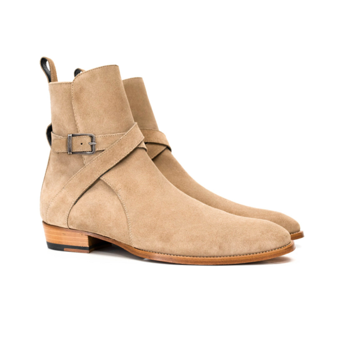 Alon Jodhpur Boots Beige Suede Leather – Handmade Luxury Buckle Ankle Boots with Wooden Sole