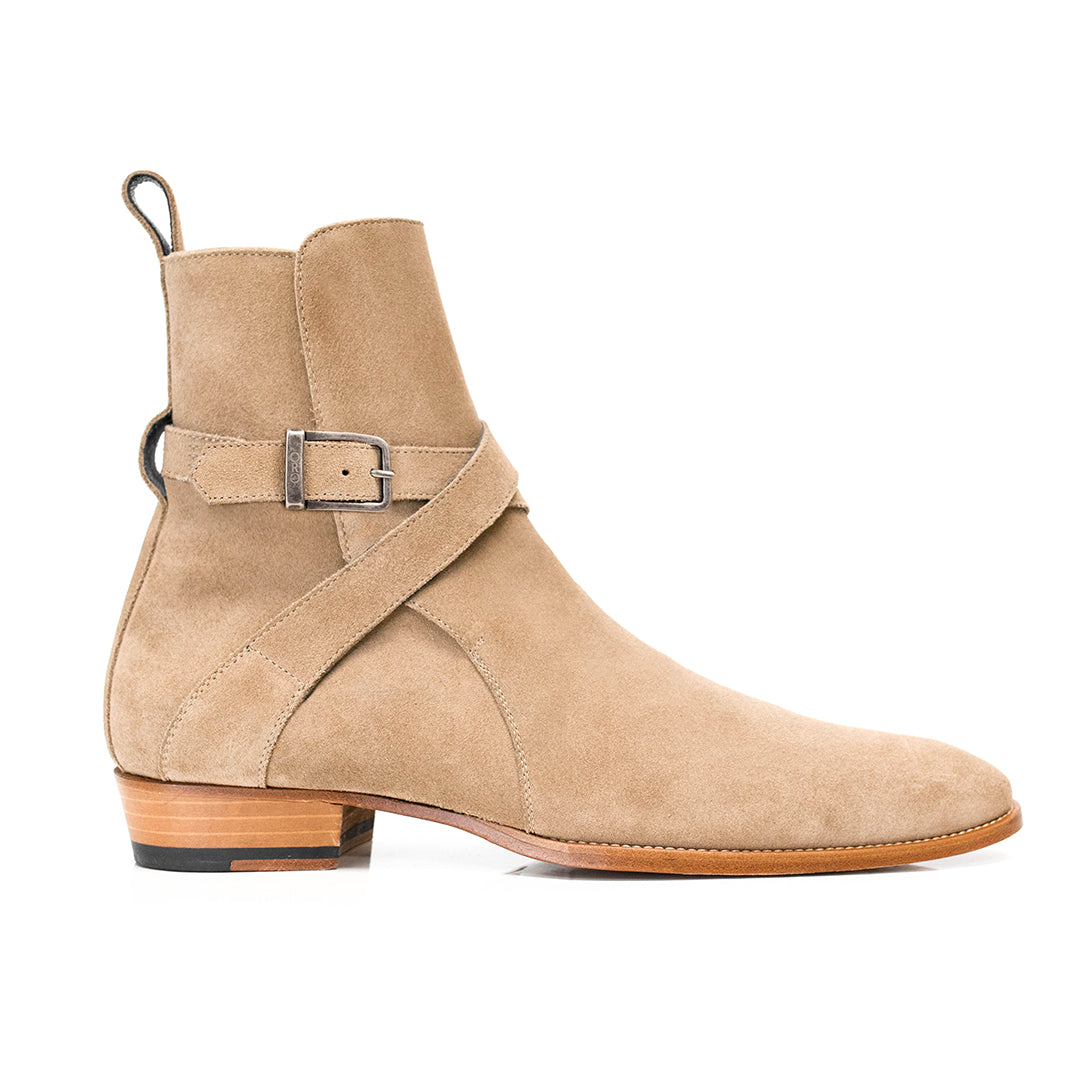 Alon Jodhpur Boots Beige Suede Leather – Handmade Luxury Buckle Ankle Boots with Wooden Sole
