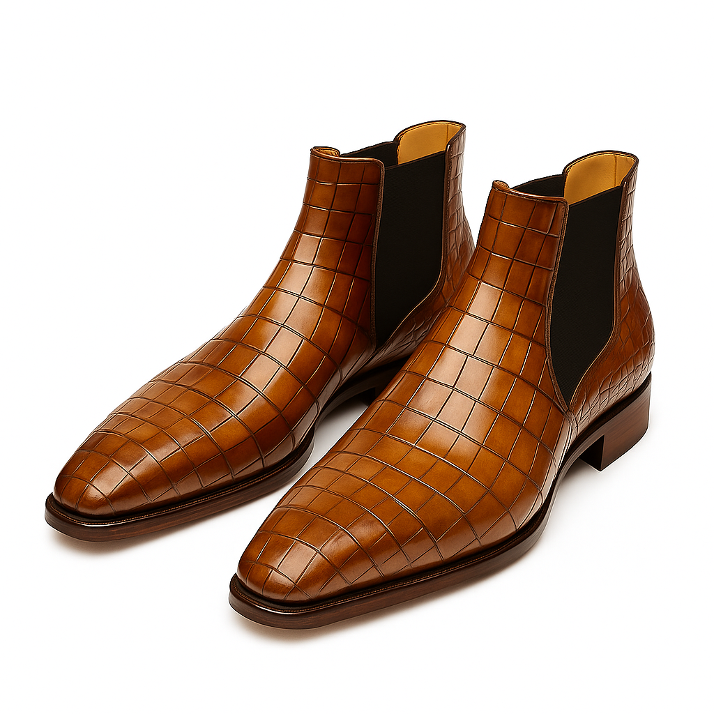 Ronim Tan Croc Leather Chelsea Boot with Leather Sole