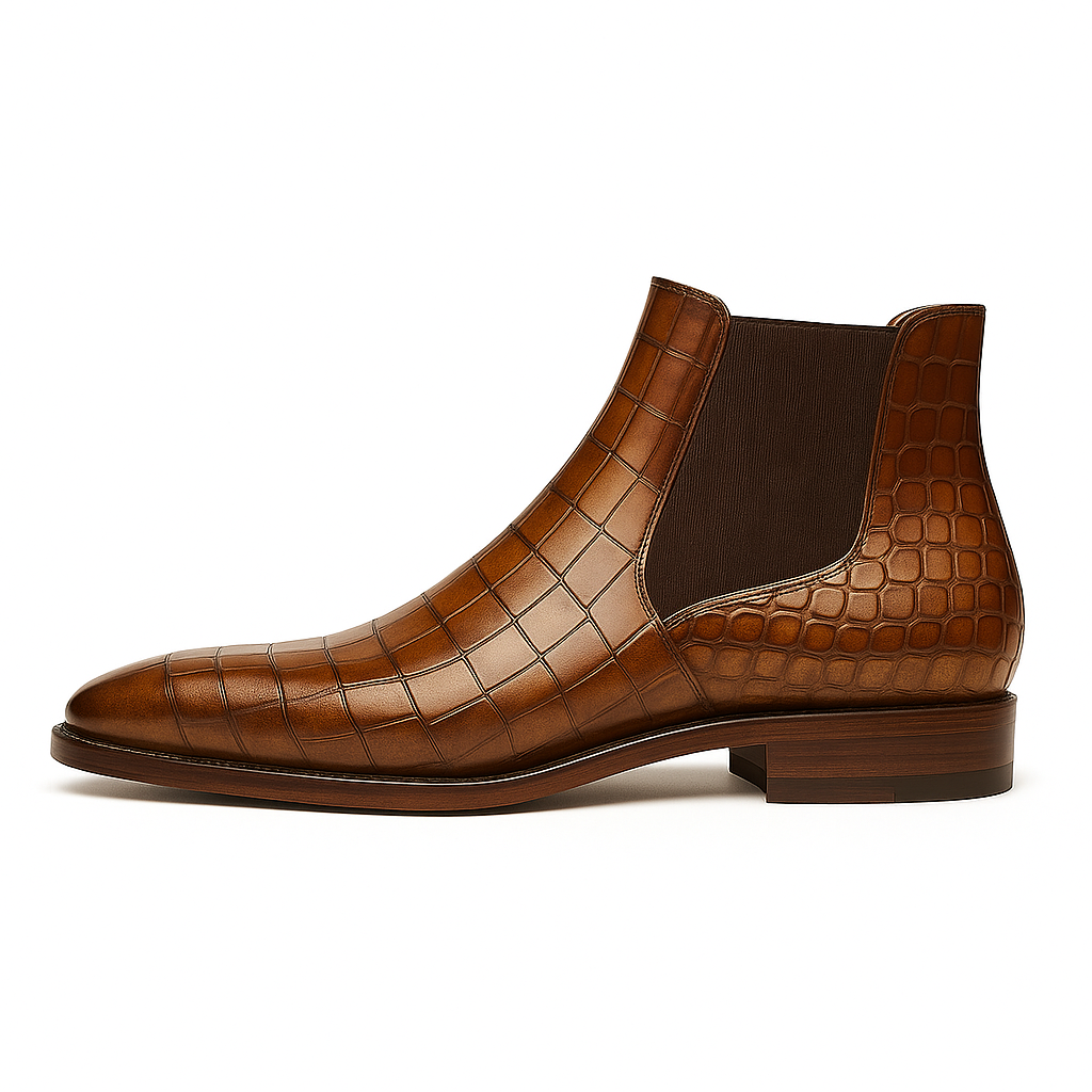 Ronim Tan Croc Leather Chelsea Boot with Leather Sole