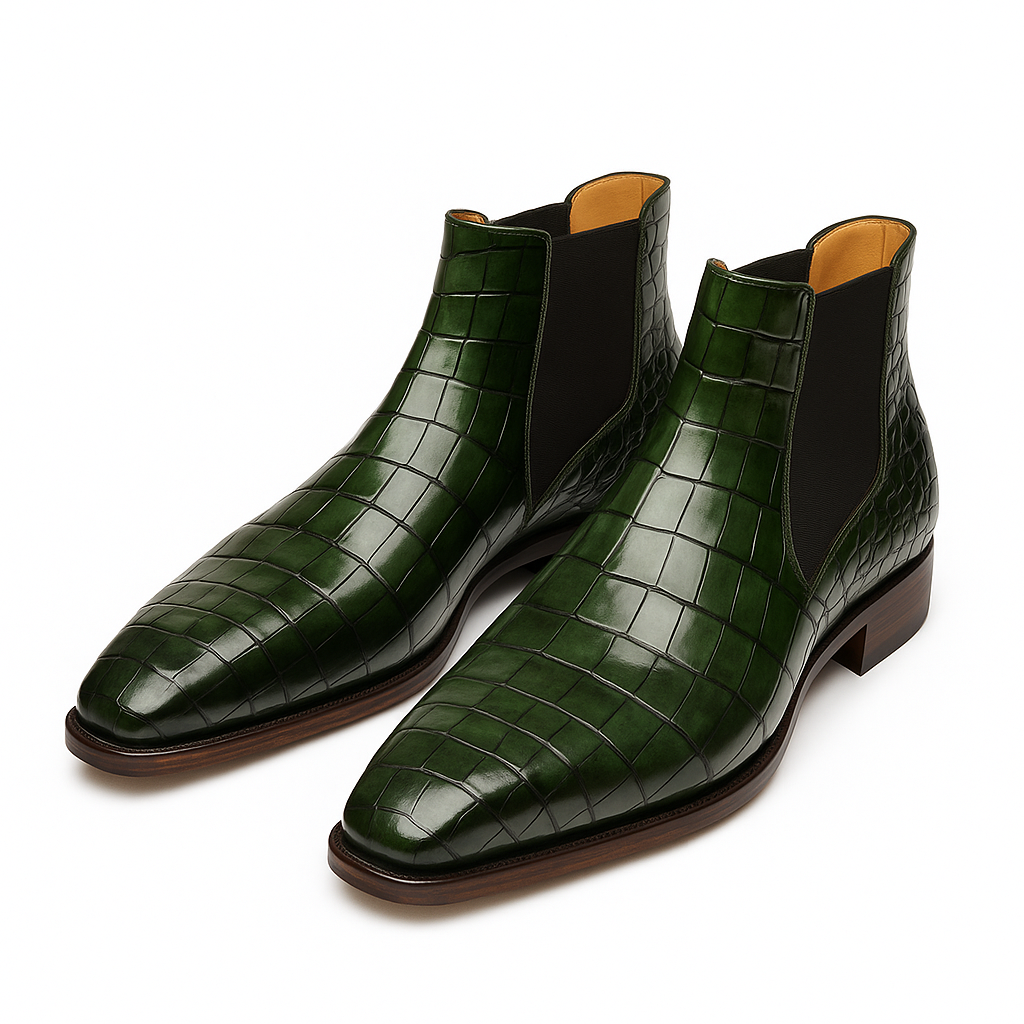 Ronim Green Croc Leather Chelsea Boot with Leather Sole