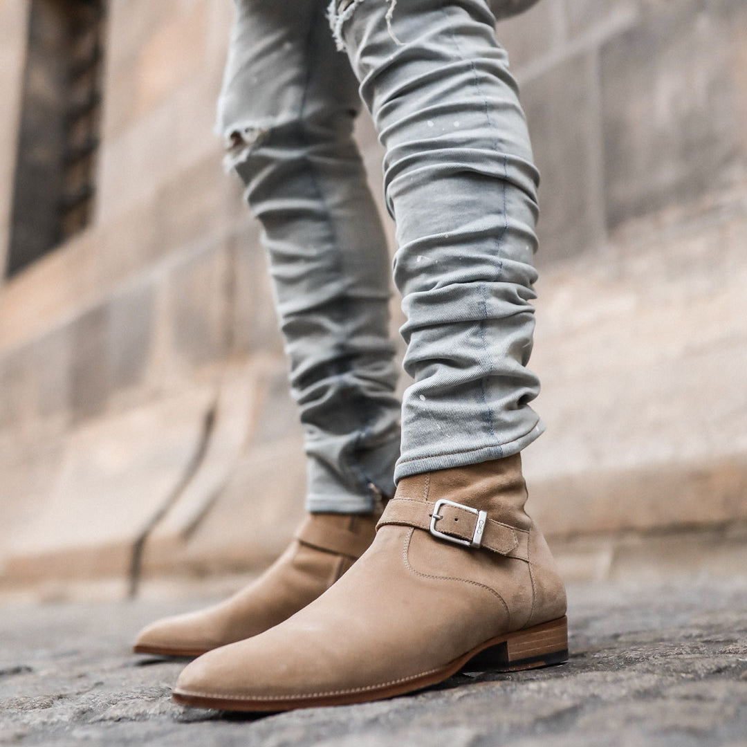 DesertClassic Beige Suede Leather Jodhpur Boots – Handmade Luxury Buckle Ankle Boots with Side Zipper