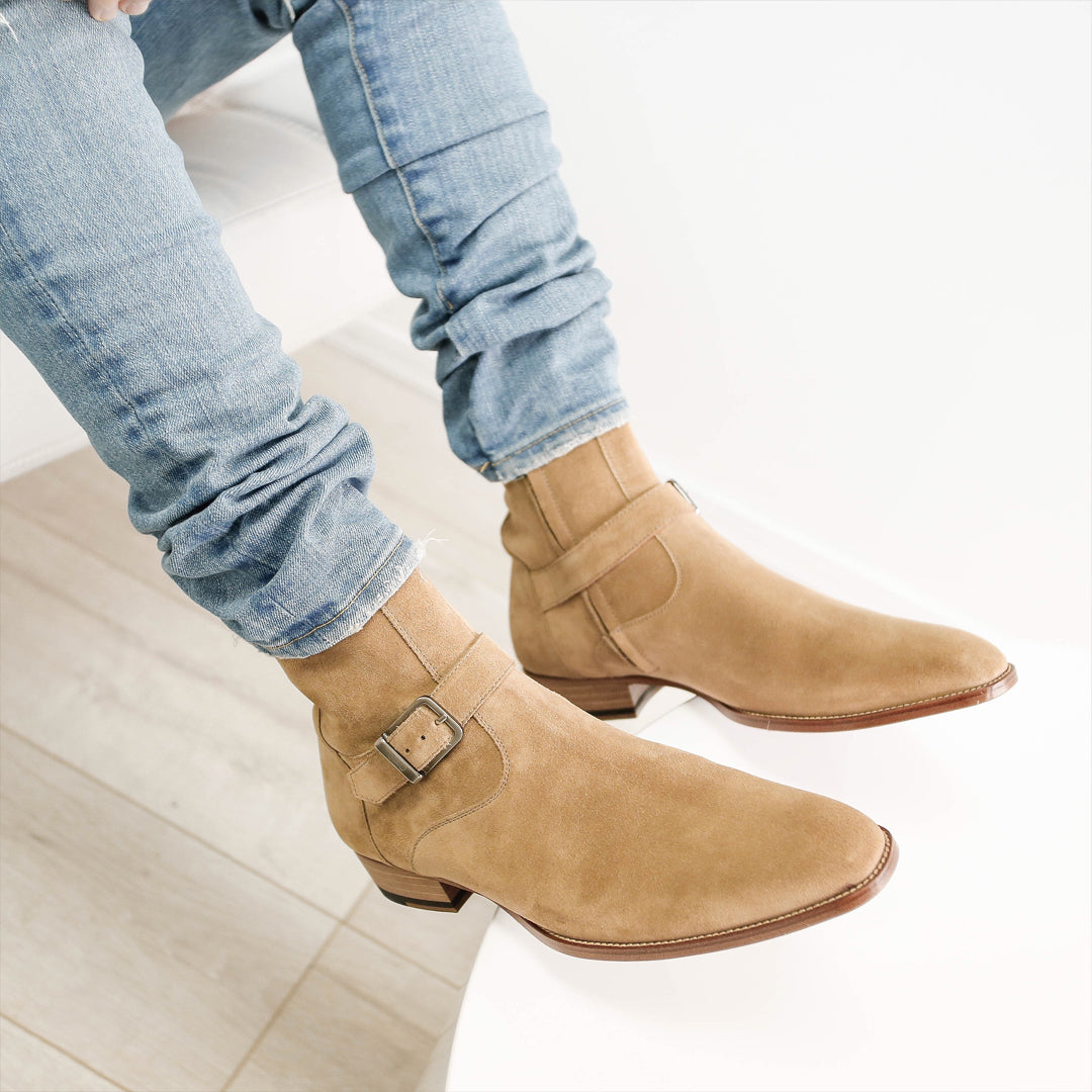 DesertClassic Beige Suede Leather Jodhpur Boots – Handmade Luxury Buckle Ankle Boots with Side Zipper