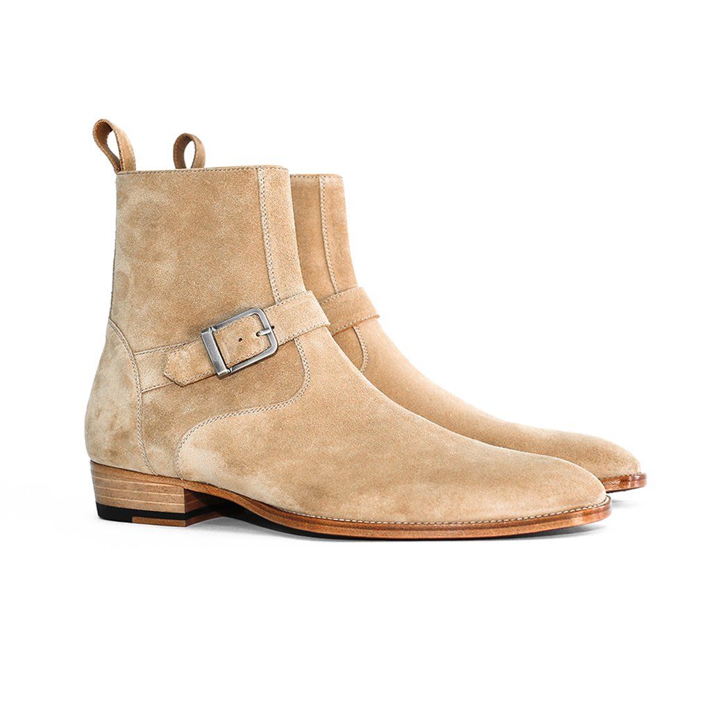 DesertClassic Beige Suede Leather Jodhpur Boots – Handmade Luxury Buckle Ankle Boots with Side Zipper
