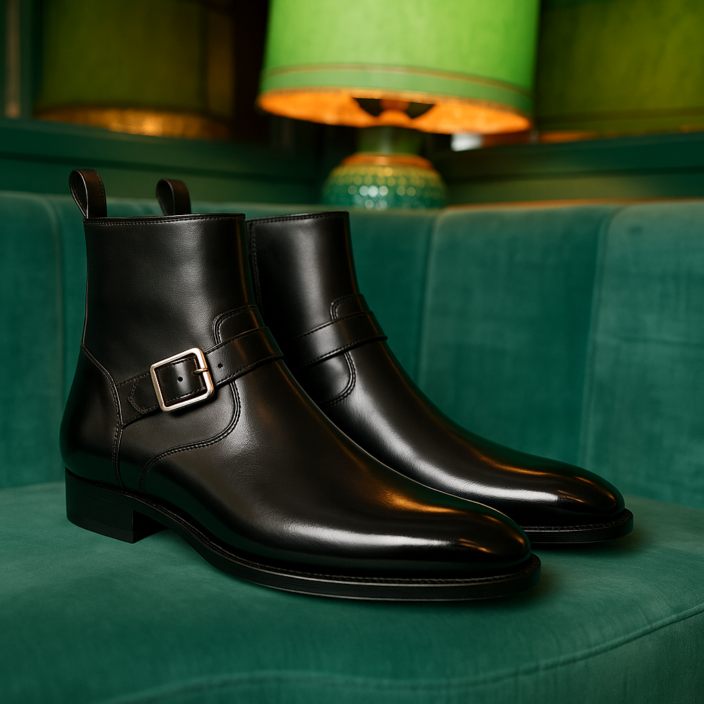 RegalStrap Black Calfskin Leather Jodhpur Boots – Handmade Luxury Buckle Ankle Boots