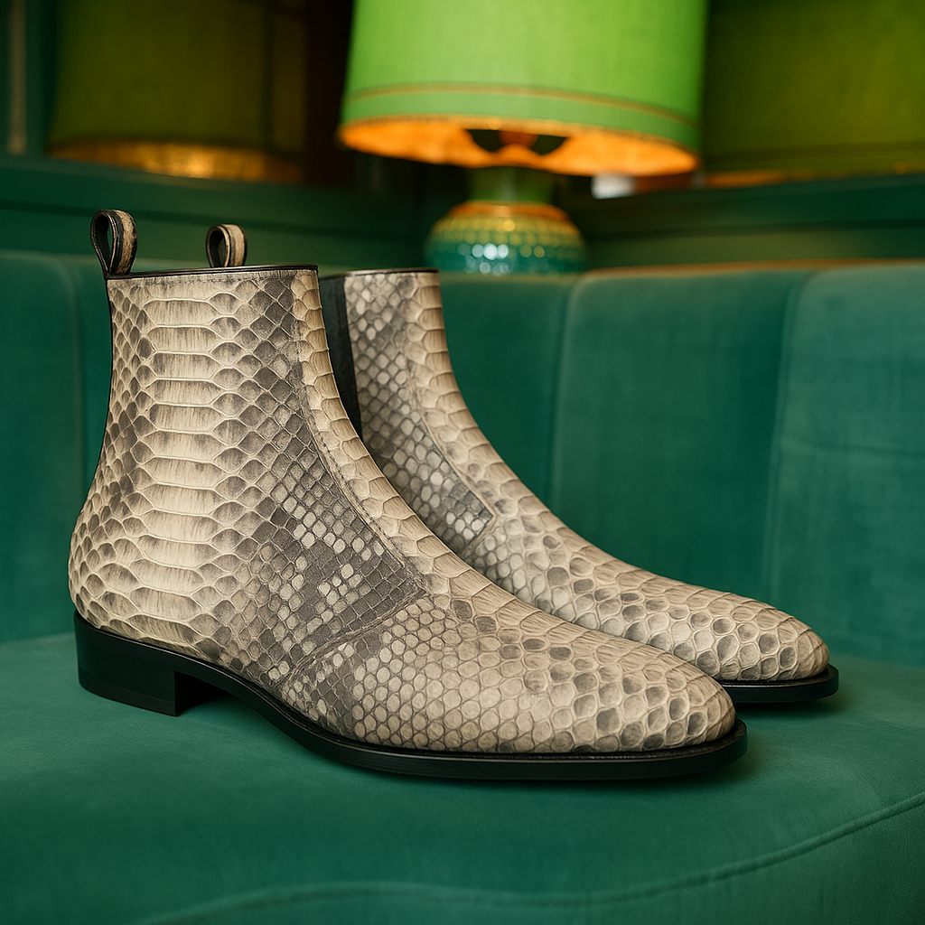 Serpentis Luxe Grey Python Embossed Leather Chelsea Boots – Handmade Ankle Boots