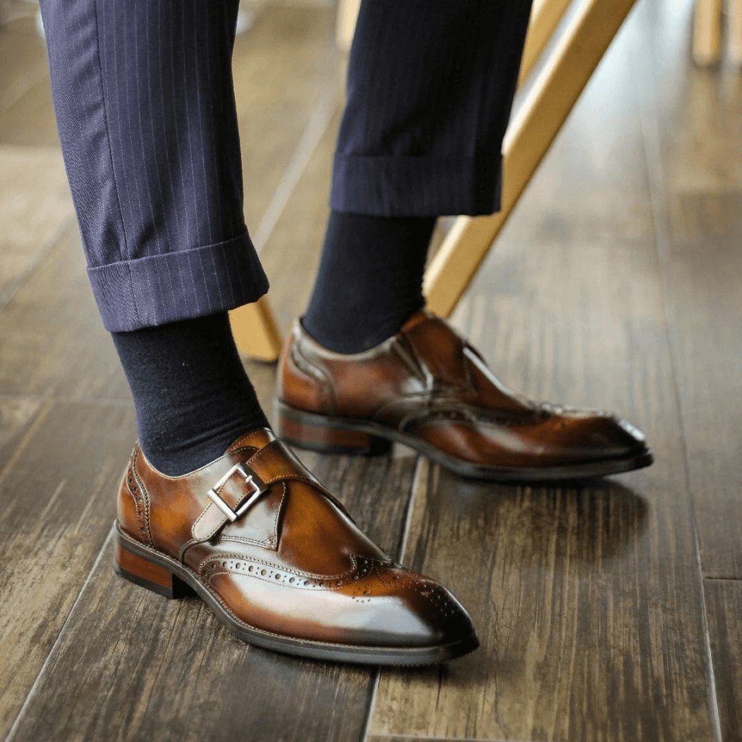 Montier Imperial Patina Leather Brogue Single Monkstraps Men's Formal Shoes