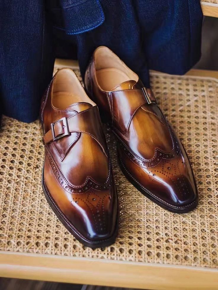 Montier Imperial Patina Leather Brogue Single Monkstraps Men's Formal Shoes