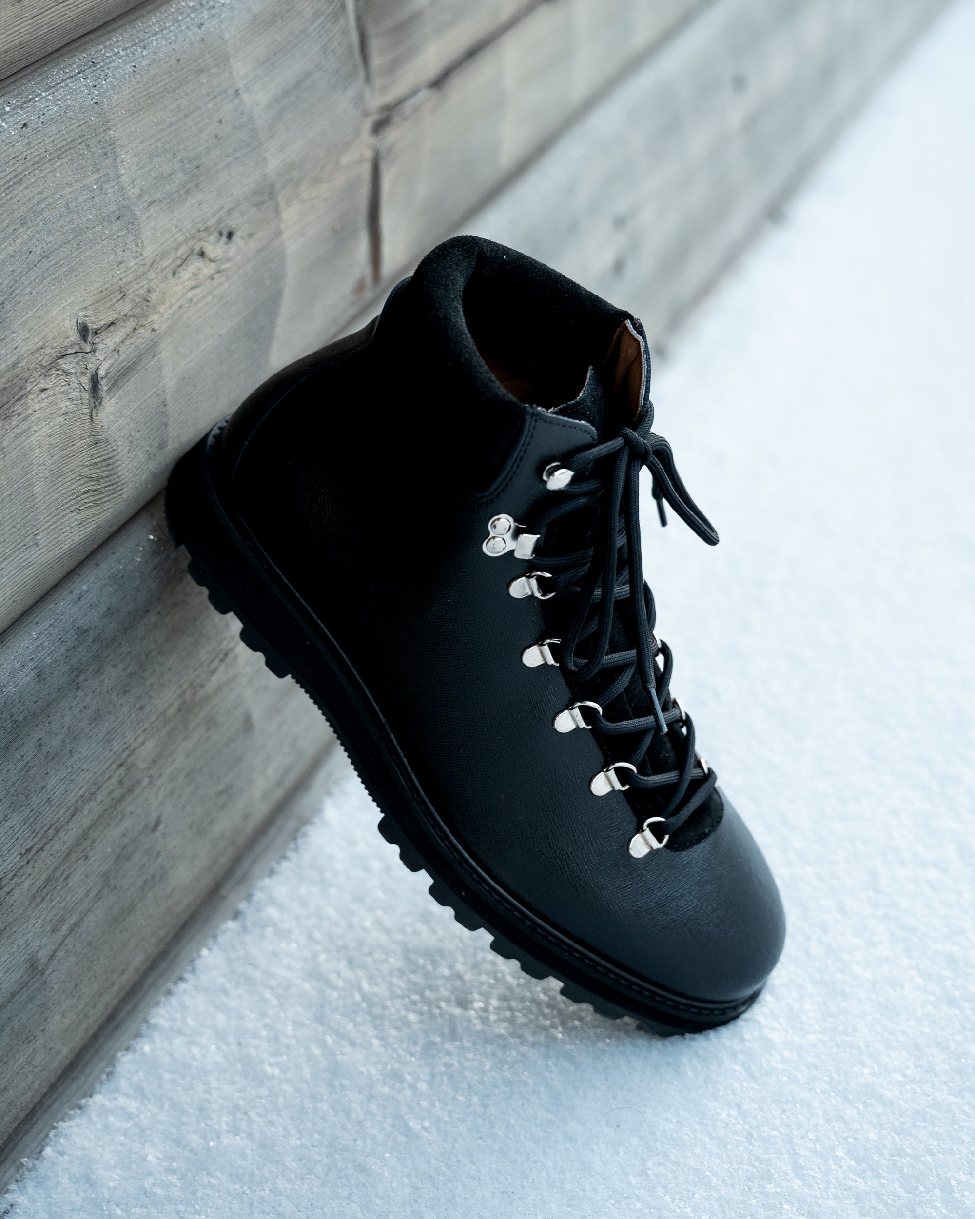 Alexis – Black Grain Leather Lace up Boot with Lug Sole