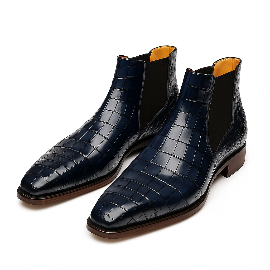 Ronim Navy Blue Croc Leather Chelsea Boot with Leather Sole