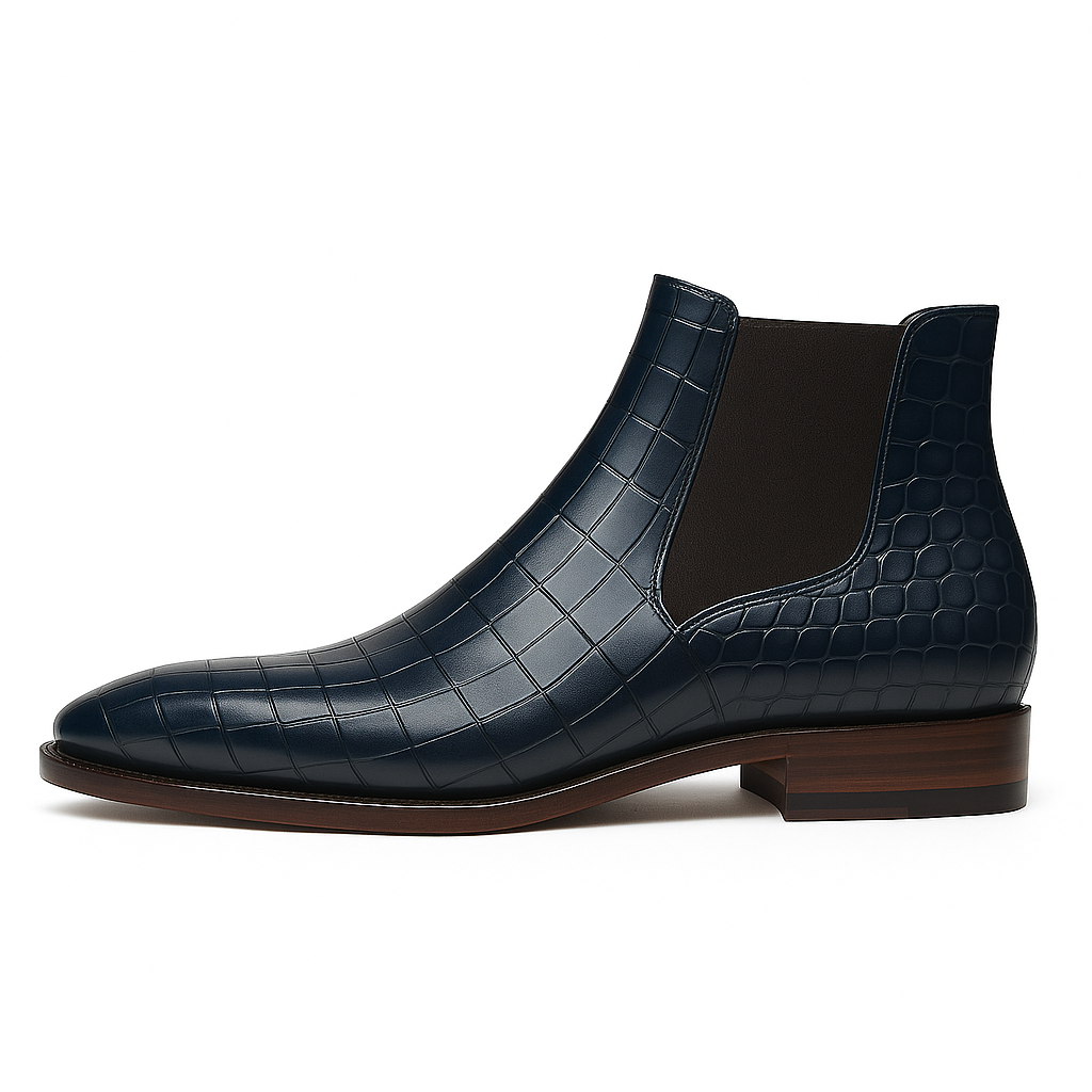 Ronim Navy Blue Croc Leather Chelsea Boot with Leather Sole