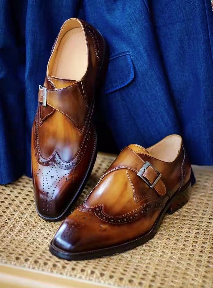 Montier Imperial Patina Leather Brogue Single Monkstraps Men's Formal Shoes