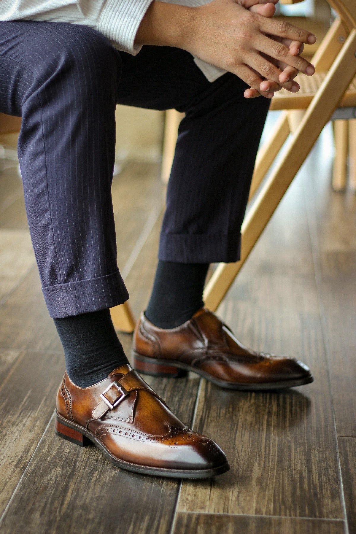 Montier Imperial Patina Leather Brogue Single Monkstraps Men's Formal Shoes