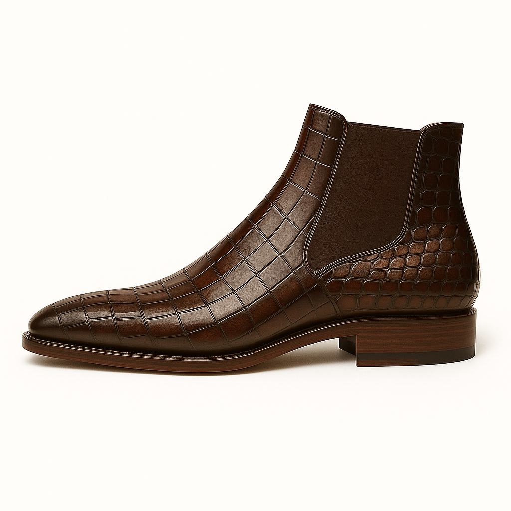 Ronim Dark Brown Croc Leather Chelsea Boot with Leather Sole