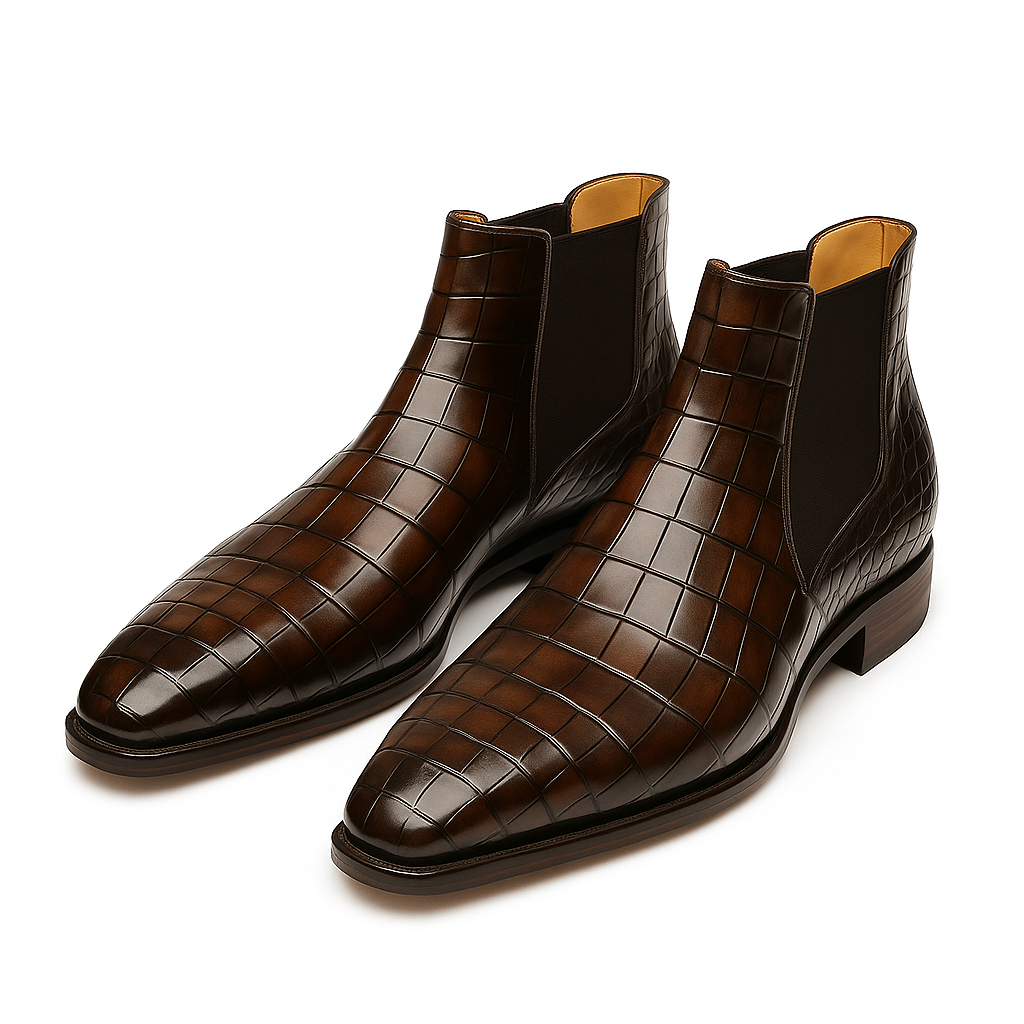 Ronim Dark Brown Croc Leather Chelsea Boot with Leather Sole